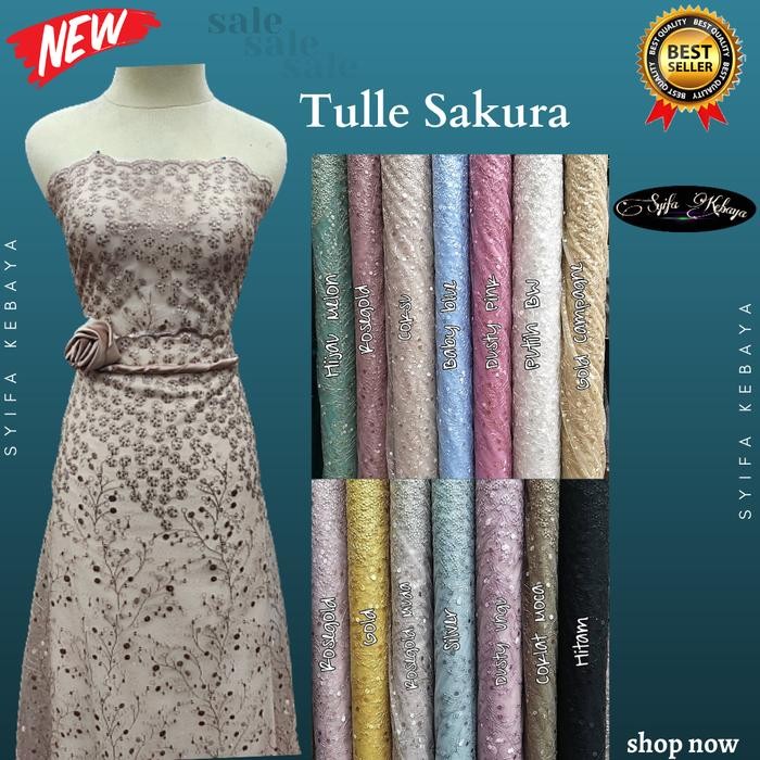 Trenatik- Kain Brokat Tile Bordir Motif Sakura. Tulle Brukat Bordir. Burkat