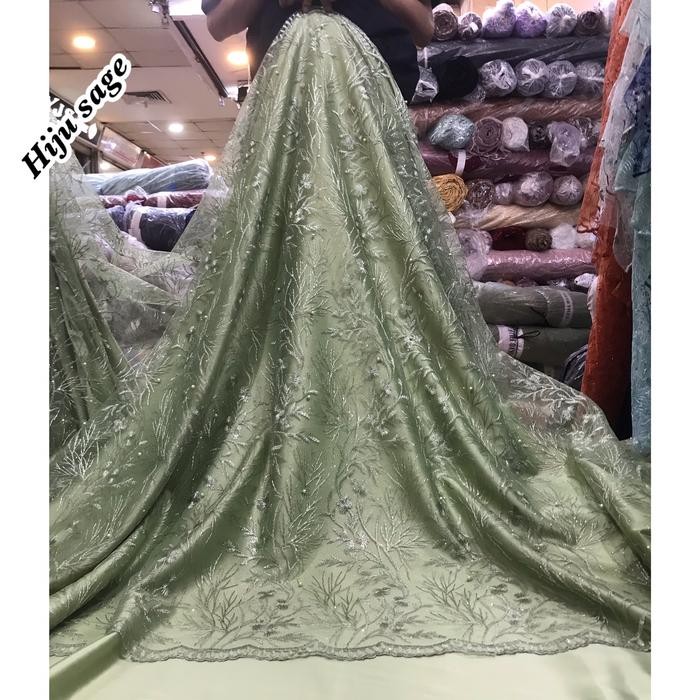 Trenatik- Kain Brokat Tile Warna Sage Green. Bahan Lace Kebaya Brukat Tulle Sage