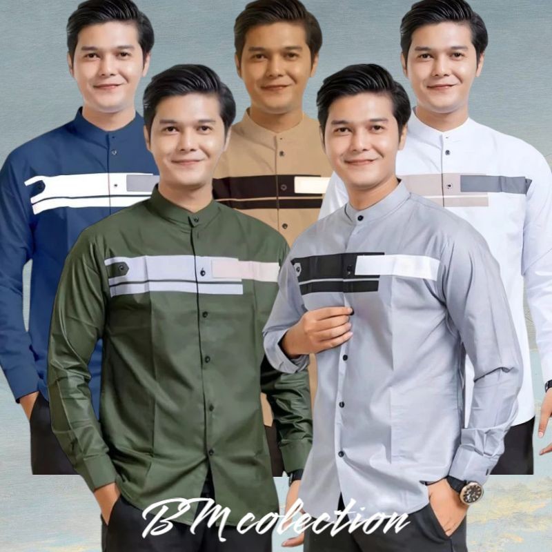 PROMO / Terbaru / Baju Koko Lengan Panjang Pendek Kombinasi Warna Hijau Army