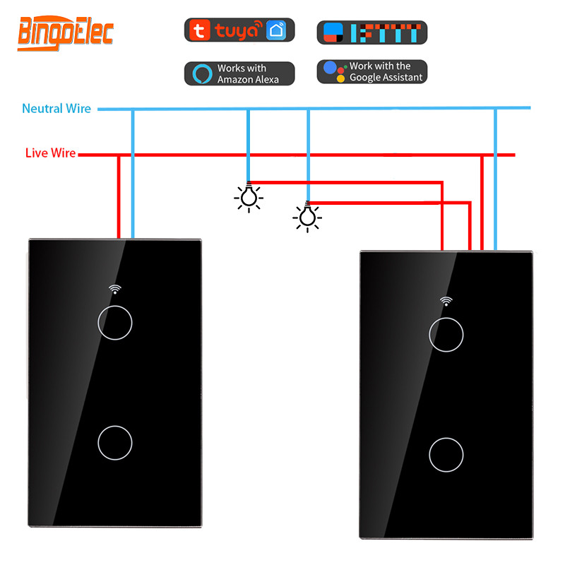 Bingoelec Tuya Wifi Wall Switch US Smart Touch Light Switch Smart