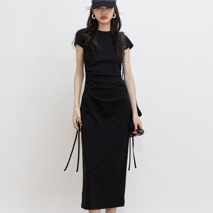 [NEW] Premium99kOutlet Midi Dress Side Drawstring Round Neck Lengan Pendek (S/M/L/XL) 2679 Baju