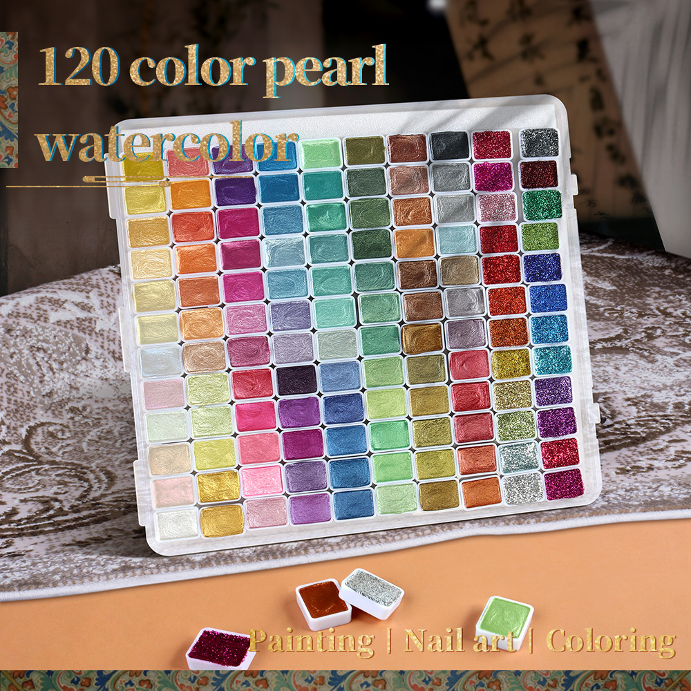 

Seamiart 120 Colors Pearlescent Metallic Shimmer Solid Watercolor Set Gouache Paint Set For Drawing
