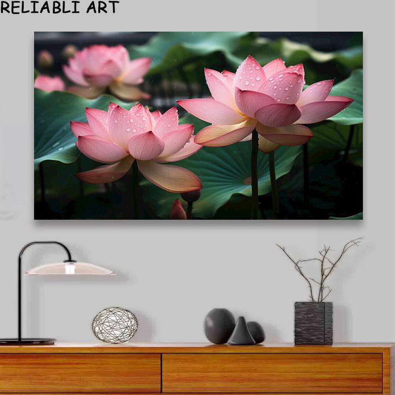 

Natural Pink Lotus Flower Poster And Prints Green Leaves Canvas Painting Wall Art Pictures For