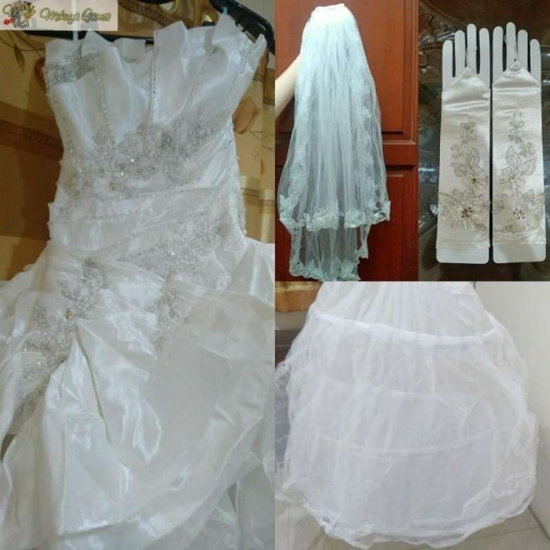 Wedding Dress Long Tail Veil Petticoat Open Glove Paket Baju 4in1 *