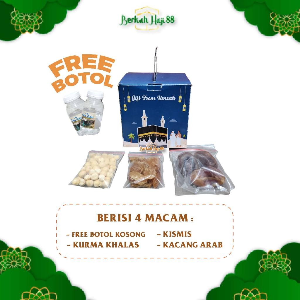 

PAKET OLEH - OLEH SOUVENIR HAJI DAN UMROH BOX FREE BOTOL KOSONG KURMA KISMIS KACANG ARAB