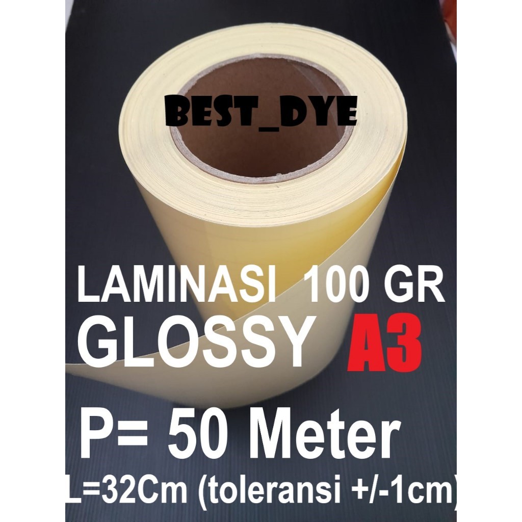 

JH8 Plastik Laminasi Dingin GLOSSY 100 GR, A3= 32 Cm x 50 Meter, Roll, Backing Paper Kuning / Putih