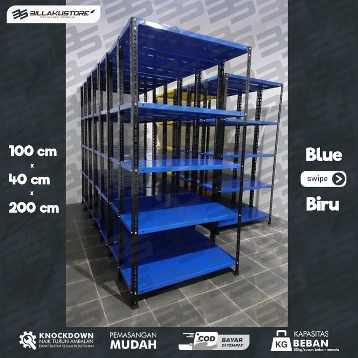 Rak besi siku lubang warna biru 5 susun 100 x 40 x 200 cm Rak Gudang
