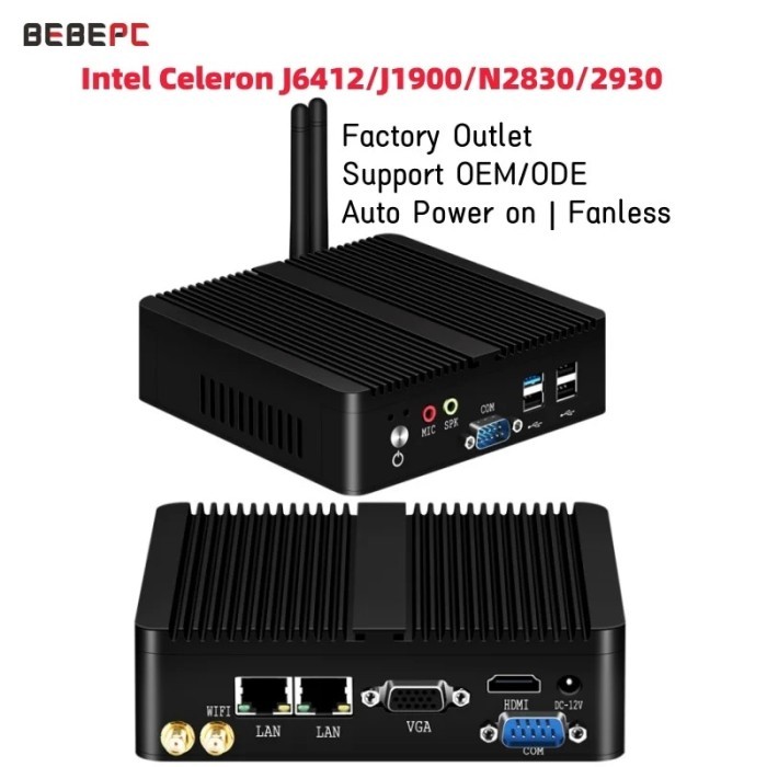 BEBEPC Fanless Mini PC Intel Celeron J6412 J1900 N2830 Dual LAN