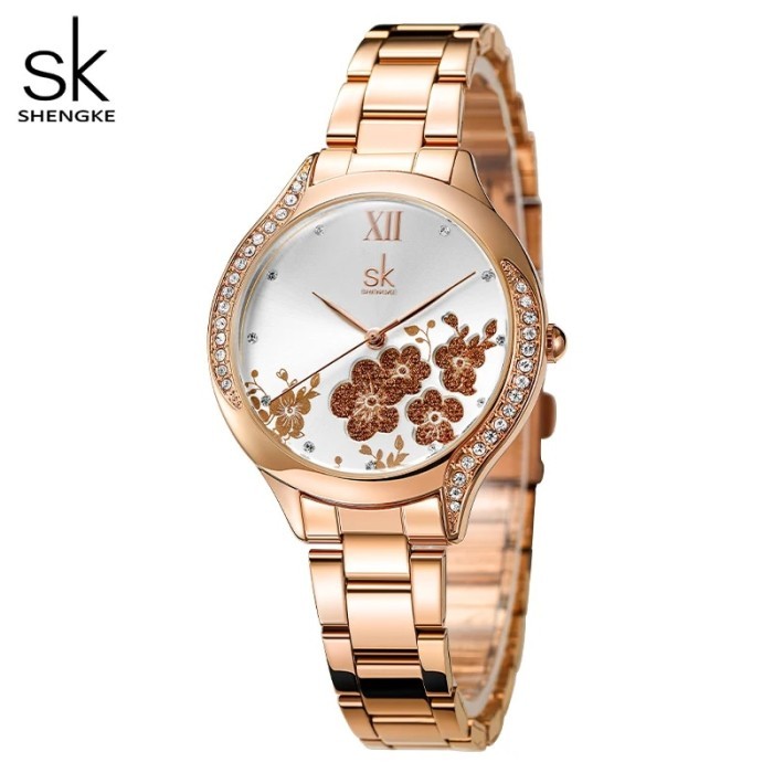 Shengke 2022 New Luxury Rosegold Watch For Women Elegant Flower Dial