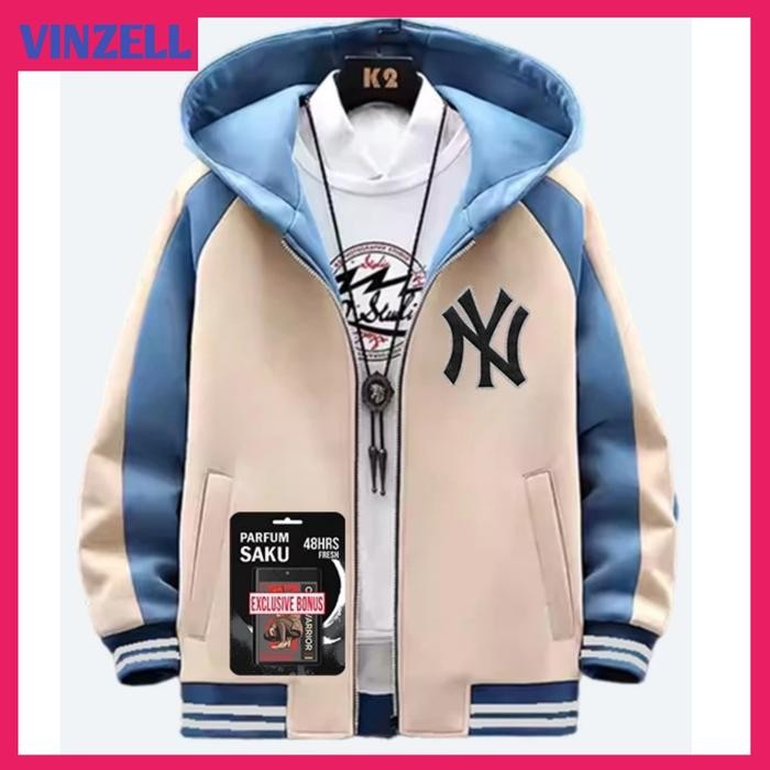 JAKET ZIPPER VARSITY HOODIE NY LOGO INISIAL JAKET PRIA WANITA BIGSIZE - CREAM+DENIM, S