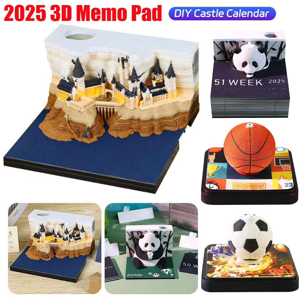 3D Memo Pad, 2024 Desk Calendar Memo Pad, 3D Magic Castle Weekly Calendar Notepad with Light Station