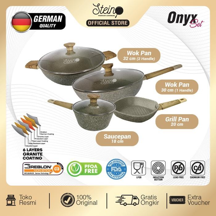 PREMIUM Wok Pan 30cm Steincookware Paket IVORY Set Grill Pan 18cm Stein Onyx