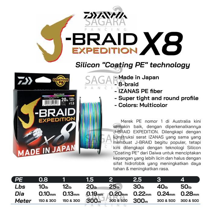 Senar PE Daiwa J-Braid Expedition X8 150 300 500 Meter Silicon Coating PE