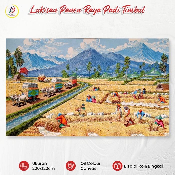 Terlaris Lukisan Pemandangan Panen Padi Timbul 3D 200x120cm Gunung Gerobak Sapi Pemandangan Alam