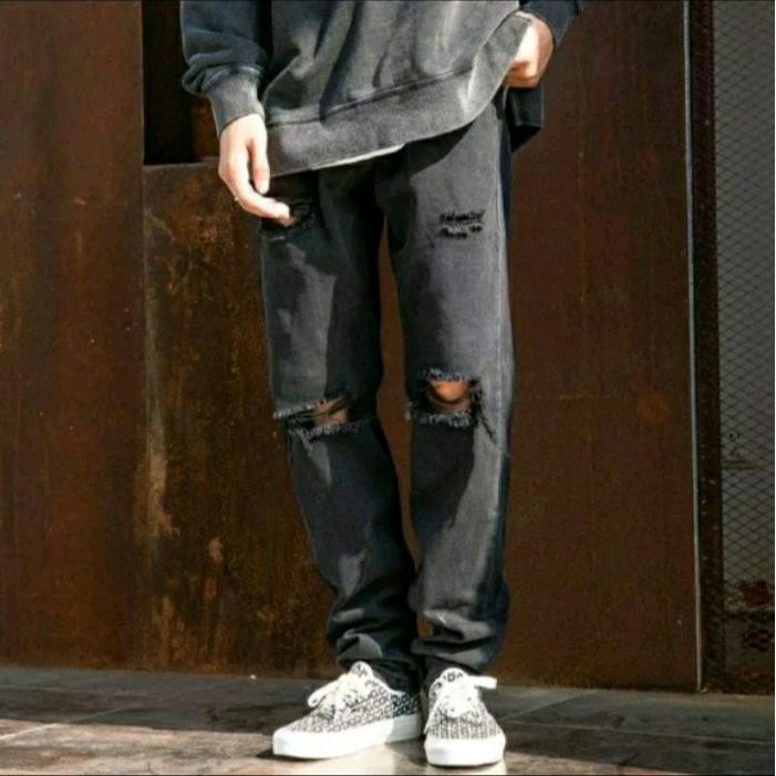 TURUN HARGA CELANA JEANS PANJANG STANDAR REGULER HITAM SOBEK RIPPED / CELANA STANDAR PRIA DEWASA /