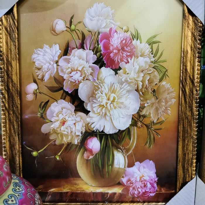 Terlaris Lukisan Gambar BUNGA TWO PINK ASTER PEONY Kaca Siap Gantung Uk M