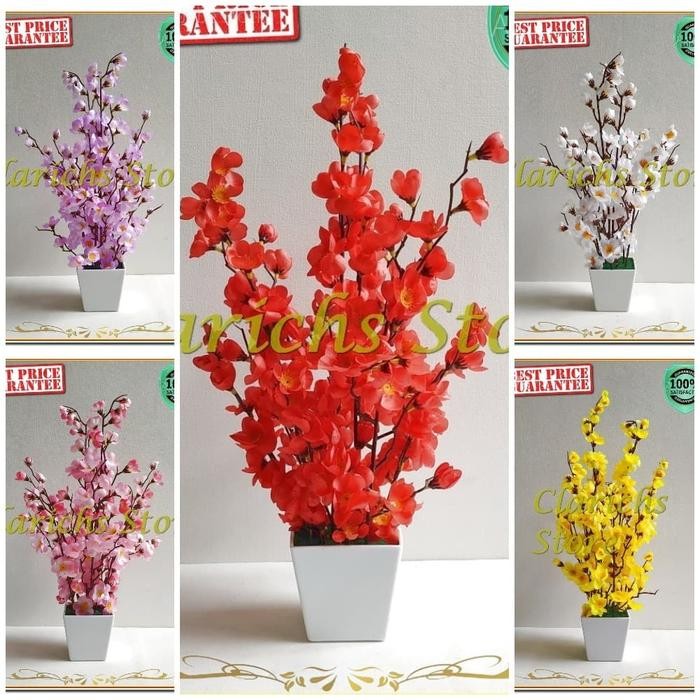 Bunga plastik sakura merah t45 cm - bunga sakura untuk sudut ruangan