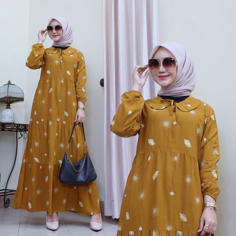 Gamis Rayon Motif Daun / Gamis Remaja / Gamis Rayon Susun Rempel Wanita / Gamis Rayon Wanita / Gamis