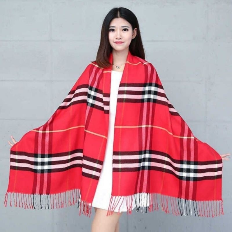 Glamourgemss Syal Kasmir Kotak-Kotak Rumbai Unisex Pria Wanita Untuk Musim Dingin