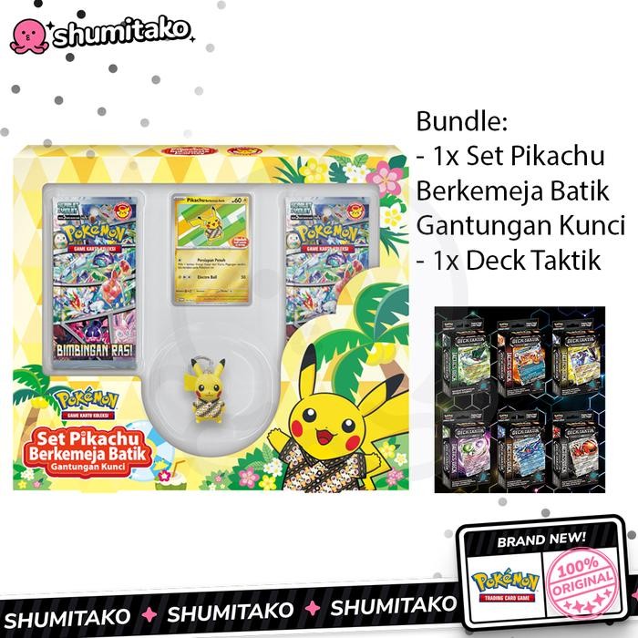Kartu Pokemon TCG Set Pikachu Berkemeja Batik Gantungan Kunci + EX Starter Deck Taktik Charizard ex