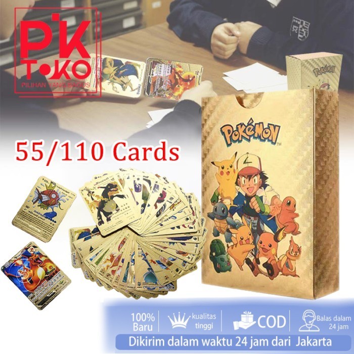 110/55 Pcs Kartu Metal Pokemon Pikachu Kartu Foil Emas