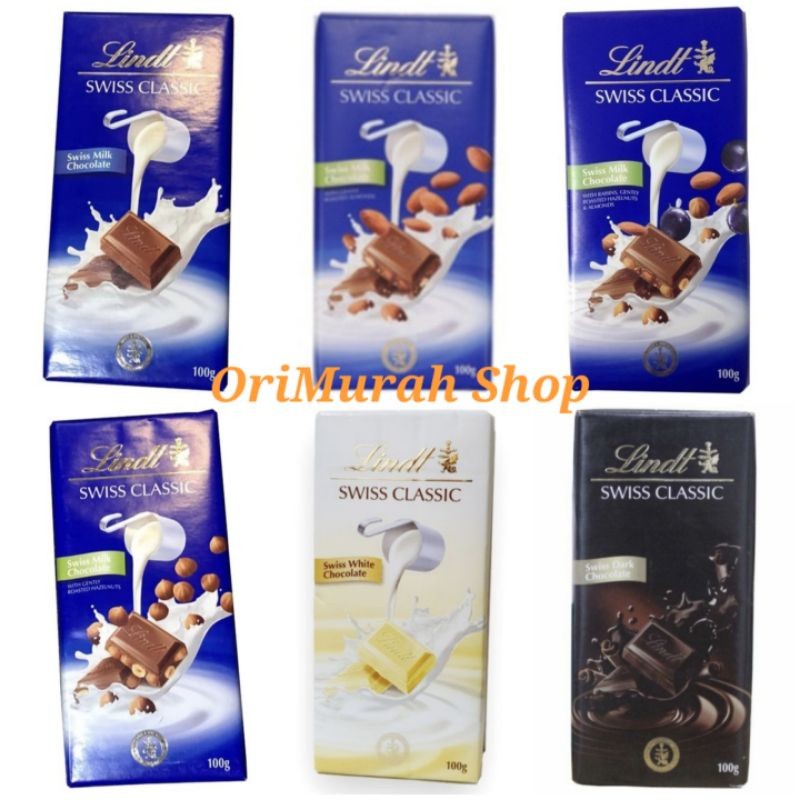 

Lindt Swiss Classic Chocolate Milk Almond Hazelnut Raisin White Dark 100 Gram Coklat Susu Putih