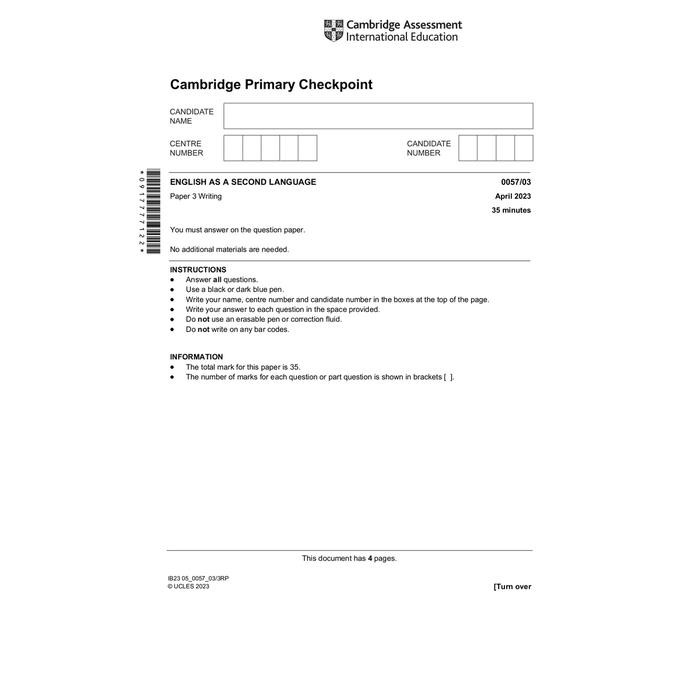 

SALE PRIMARY CHECKPOINT ENGLISH (ESL) 0057 APRIL 2023 AND MATH 0096 APRIL 2024 PAST PAPERS AND MARK