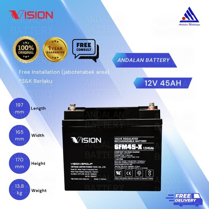 BATERAI KERING VISION 12V 45Ah / VRLA 6FM45-X / AKI UPS 12V 45Ah