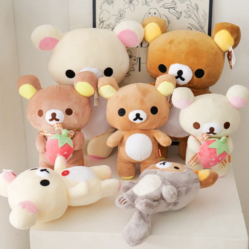Kawaii Strawberry Rilakkuma Plush Doll Anime Teddy Bear Rilakkuma Bear Dress Up Raccoon Plushies