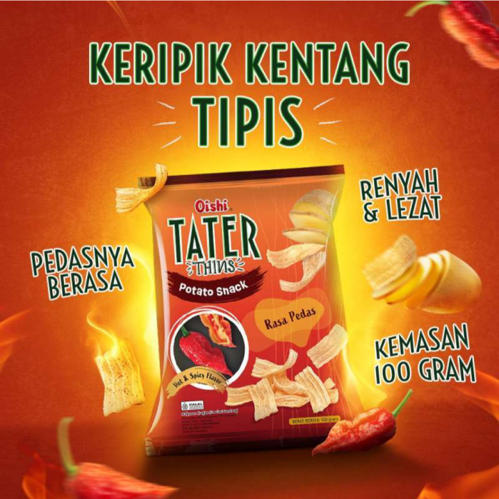 

Restokobar Oishi Tater Thins Potato Snack Rasa Pedas Flavor 100Gr