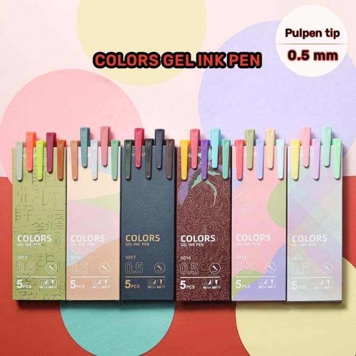 

Ready JT 5 pcs/set Pulpen tinta gel ink lucu Marker pen 0.5mm journal vintage Bullpoin retro macaron