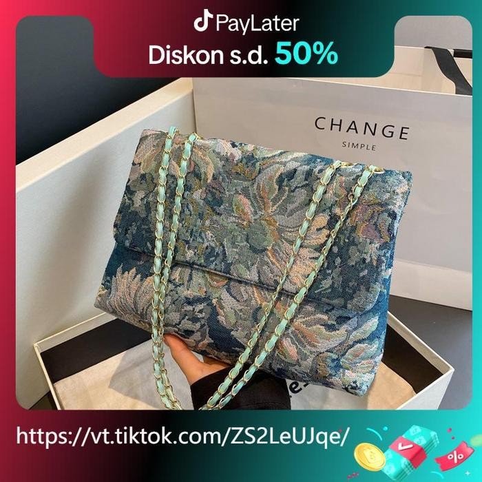 BEST SELLER Tas Selempang Totebag Lukisan Bunga Minyak Kapasitas Besar Trendi Kanvas Wanita Hijau