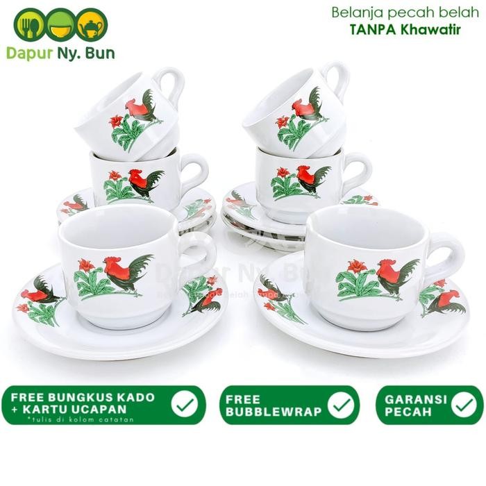Adw - 6 Pasang Cangkir Set Kopi Motif Ayam Jago Jadul / Gelas & Saucer