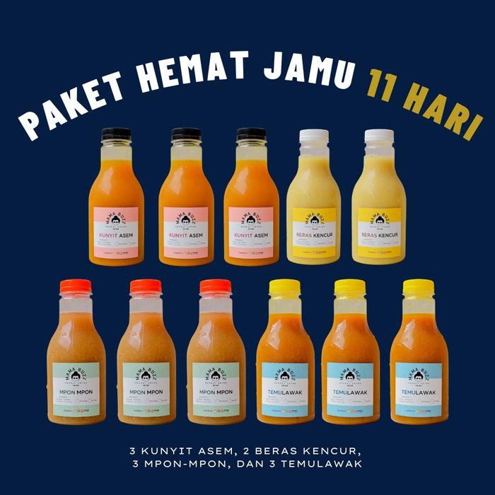 

Terlaris Paket Hemat 11 Jamu Kunyit Asem,Beras Kencur,Mpon-Mpon,Temulawak 250Ml
