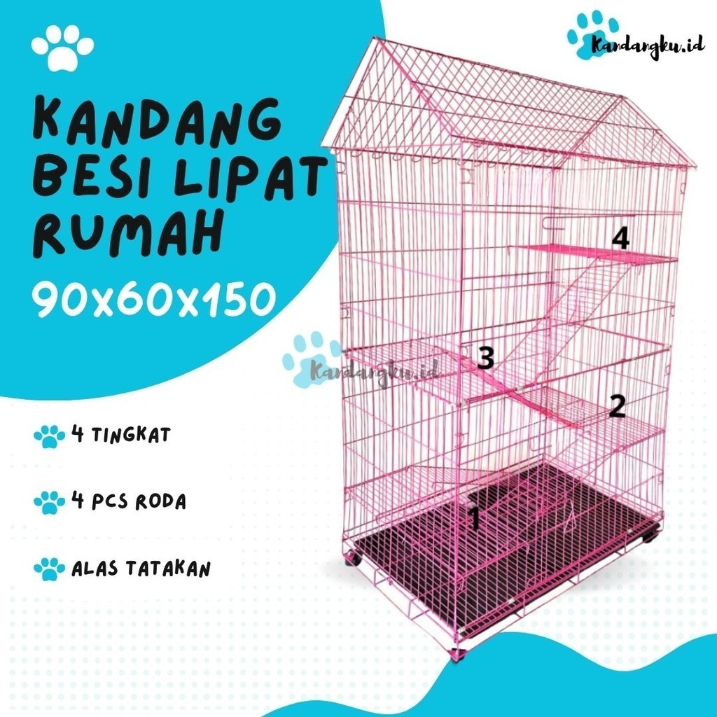KANDANG KUCING JUMBO 4 TINGKAT + RODA EXTRA JUMBO + BONUS TEMPAT MAKAN KUCING - Kandangku.id