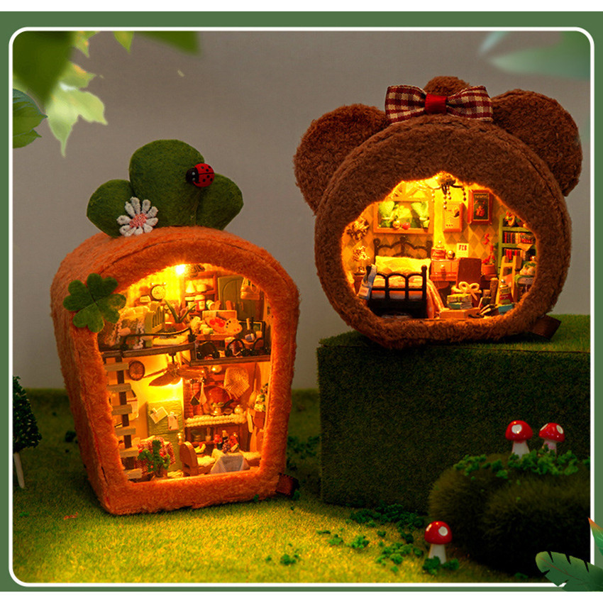 Mini Dollhouse Miniature Diy Plush Famil Doll House Miniaturas Maison Sylvanian Home Children