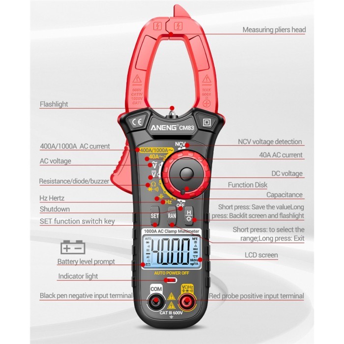 Populer Aneng Clamp Meter Digital Multimeter Multitester Lcd Flashlight 1000A - Cm83