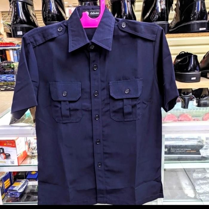 baju setelan safari dongker seragam PNS pdh guru kantor pria pendek