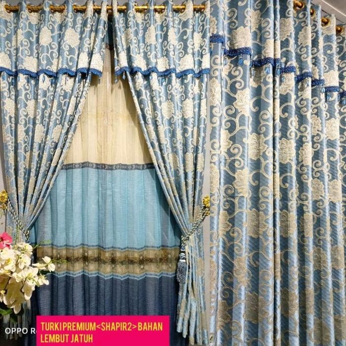gorden turky seper mewah bahan tebal motif timbul 12 lobang 6 gelombang Biru Hitam Gold Jendela