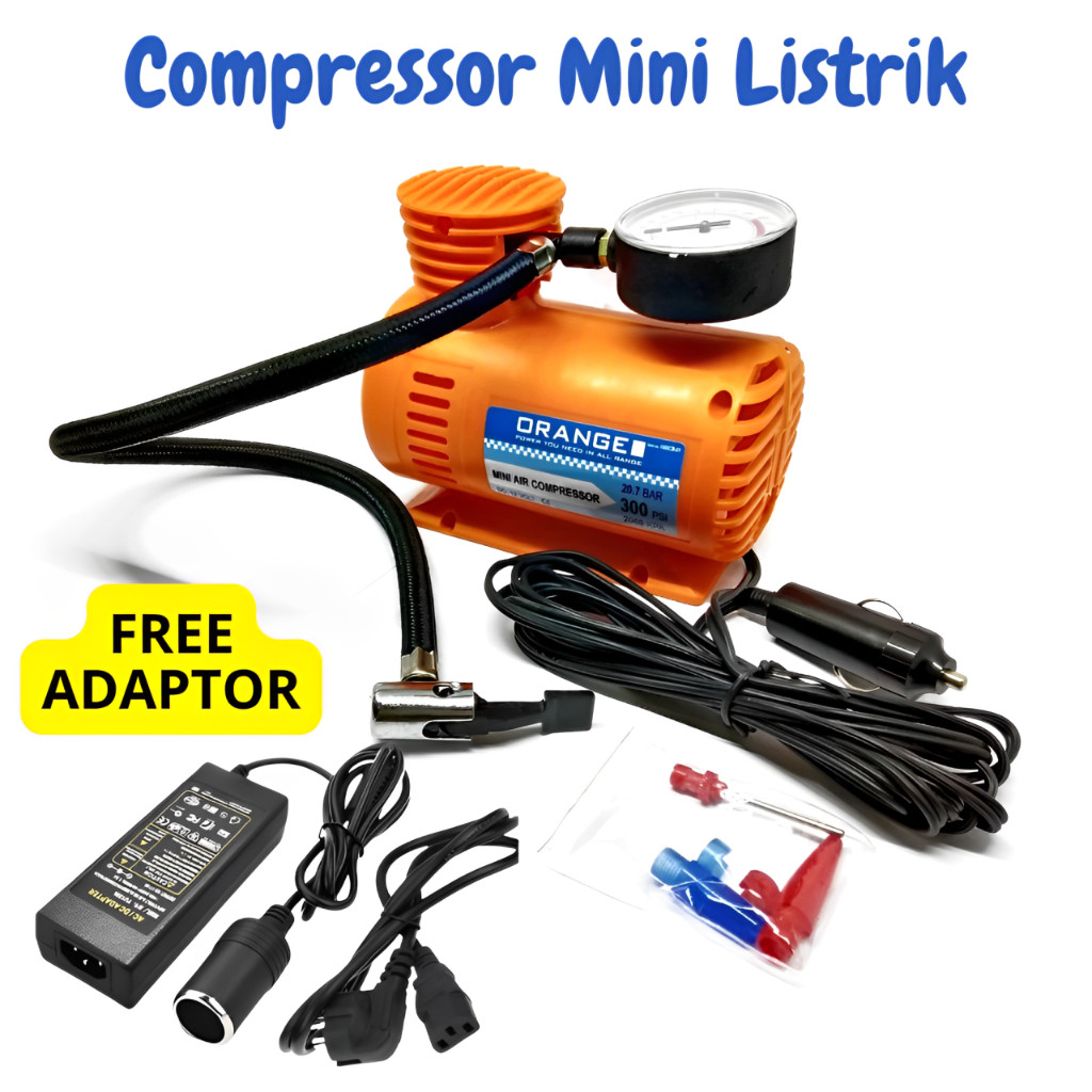 (Orange) Compressor mini listrik + adaptor - Pompa angin elektrik portable