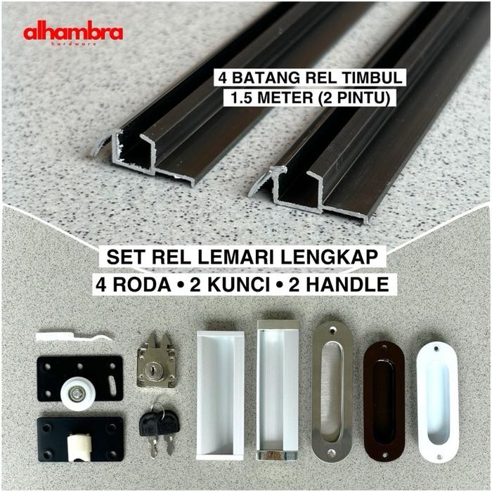 PREMIUM Set Rel Lemari Sliding Model Timbul 380 2 Pintu , Rel Lemari Geser Lengkap Dengan Roda Kunci