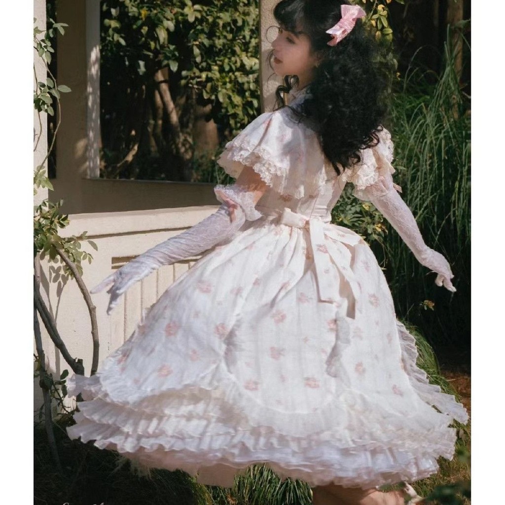 Licaboth Palace Style Princess Dress Lace Flower Fairy Summer Vintage Frock Lolita Romantic