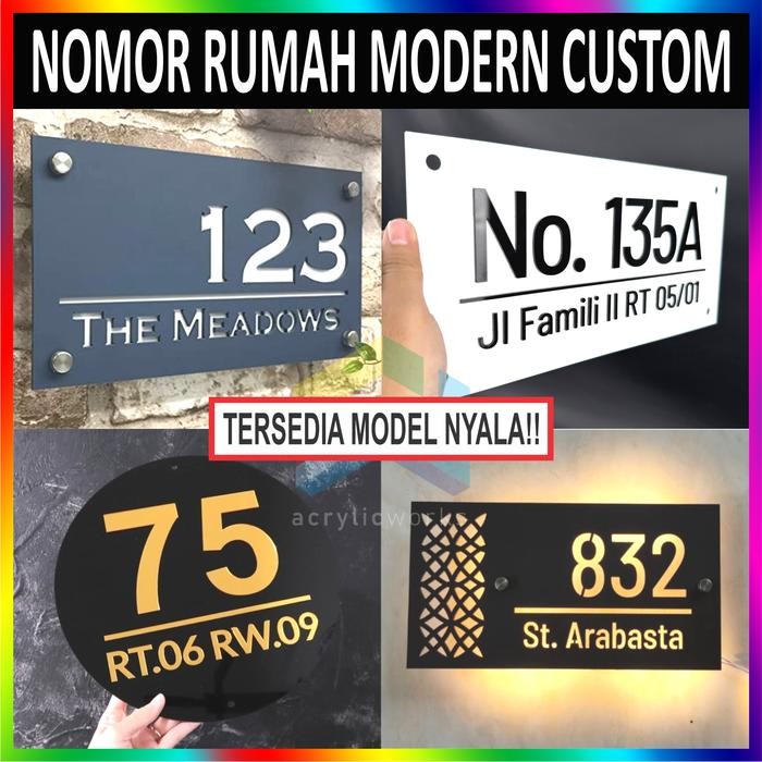 TERBARU Nomor Rumah Acrylic Modern Timbul Negatif Nyala LED