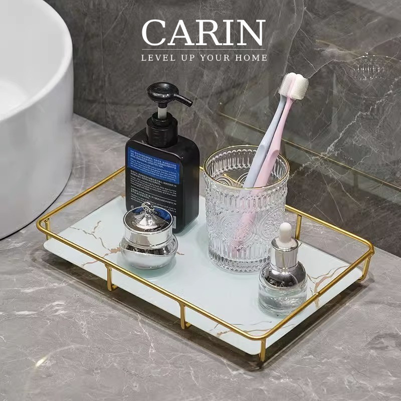 Marble Tray Kaca Persegi / Pajangan Nampan Estetik /Kotak Baki Transparan Persegi