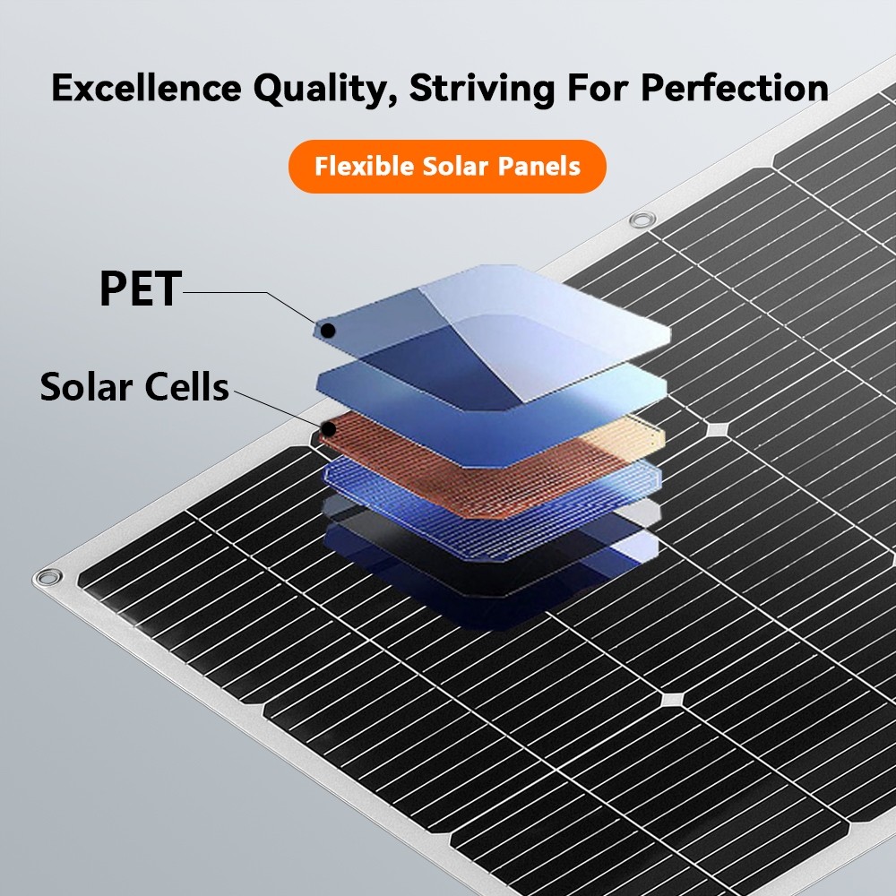 PowMr 100W Panel Surya Fleksibel Sel Surya Monokristalin Kabel DIY Luar Ruangan Mobil RV Sistem