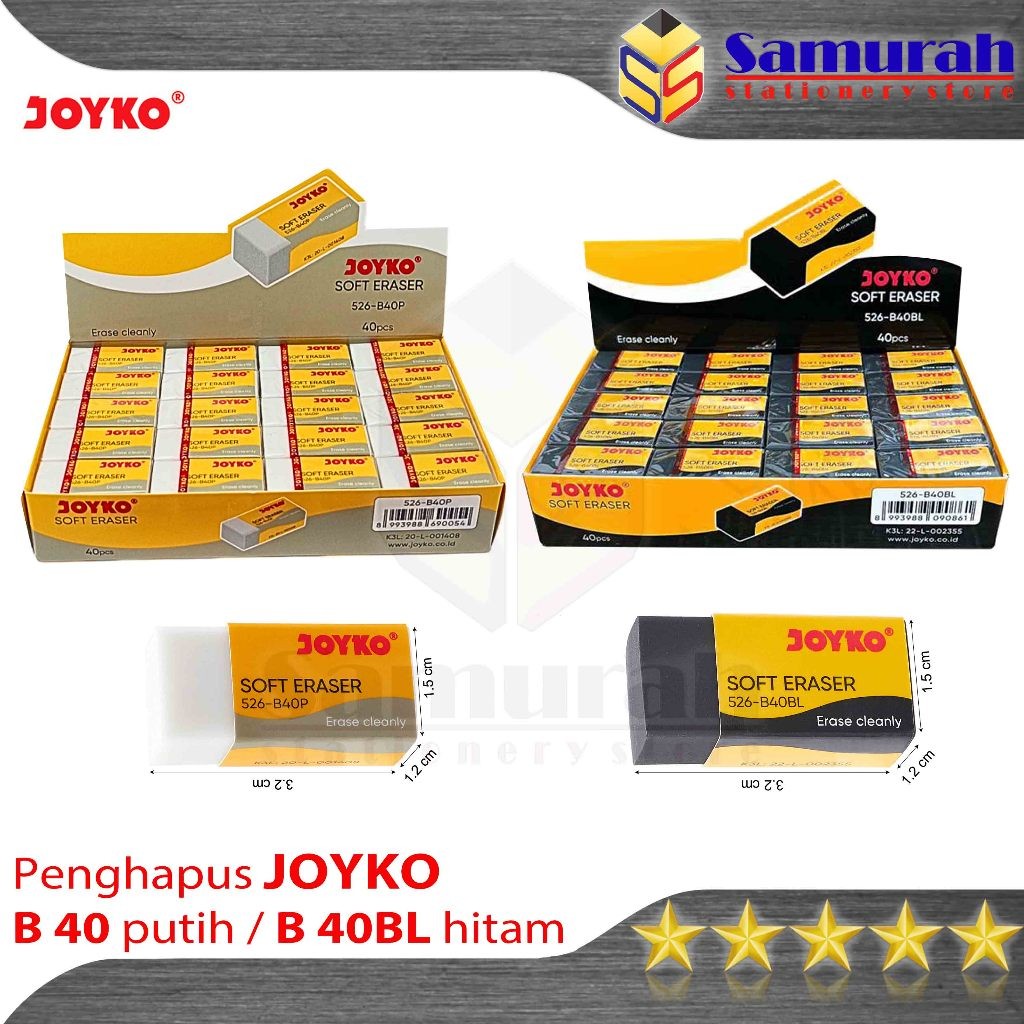 

Penghapus Pensil Joyko B 40 Kecil isi 40 Pcs / Eraser B40 BL Hitam / Stip Pencil B40 P Putih Hitam (