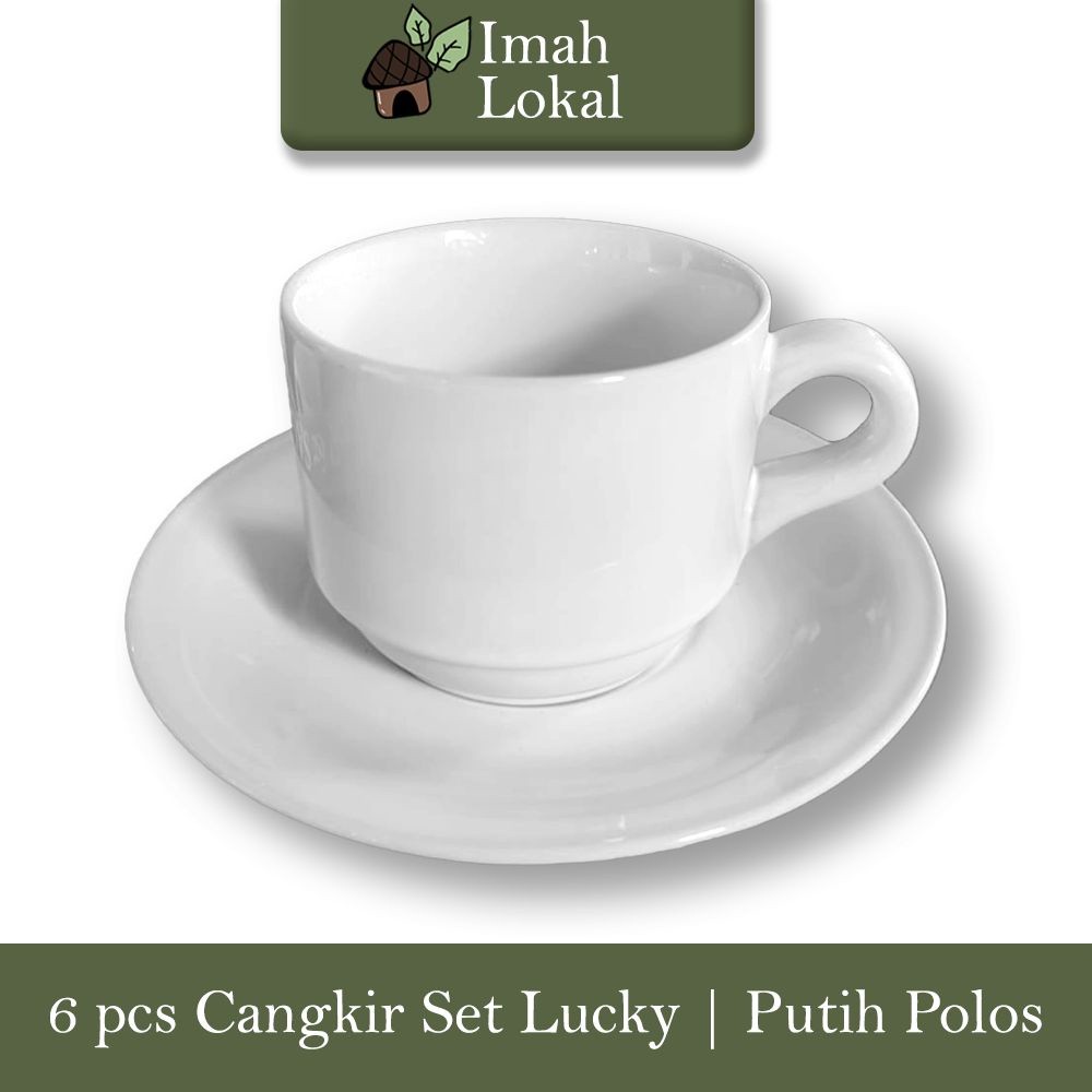6 Set Cangkir Keramik Lucky Gelas Minum Kopi Teh Warna + Pisin / Tatakan - Putih Polos