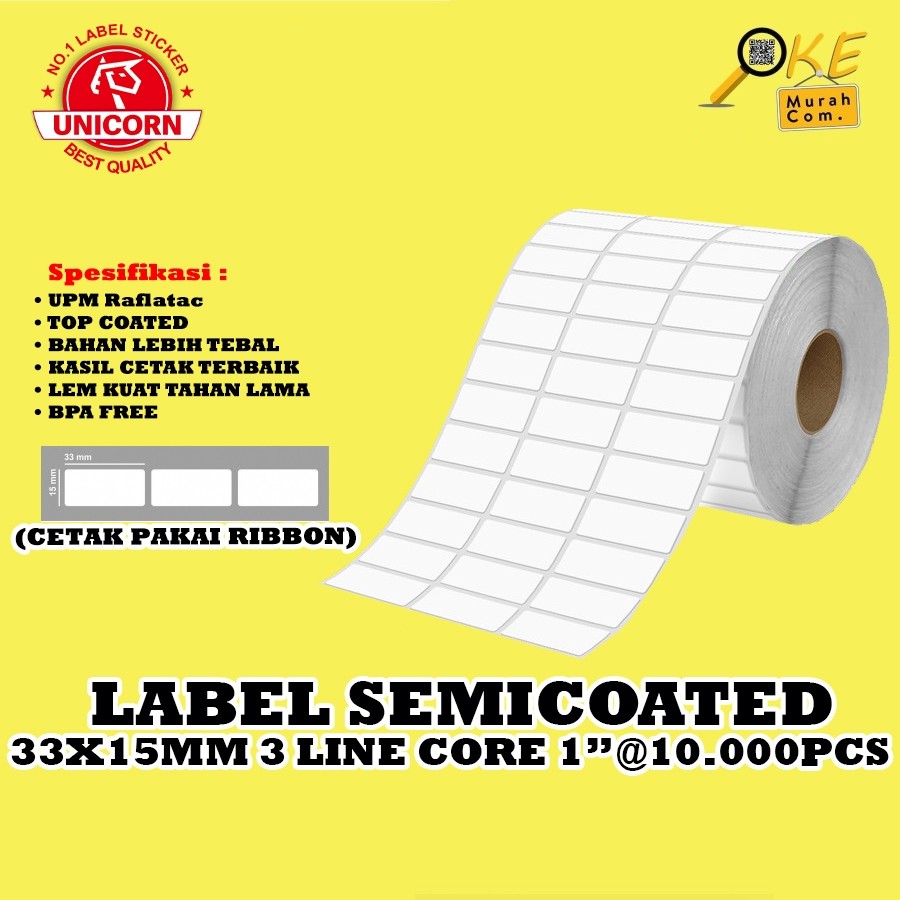 

Stiker Label Barcode Semicoated 33x15 mm / 33x15mm 3 Line Core 1 Inch Isi 10.000pcs