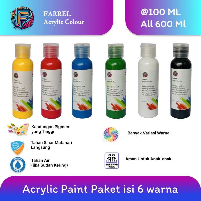 

Cat Akrilik / Lukis / Kanvas / Mural Paket 6 Warna Isi 100 ml Per Botol Farrel Acrylic Colour WE!!