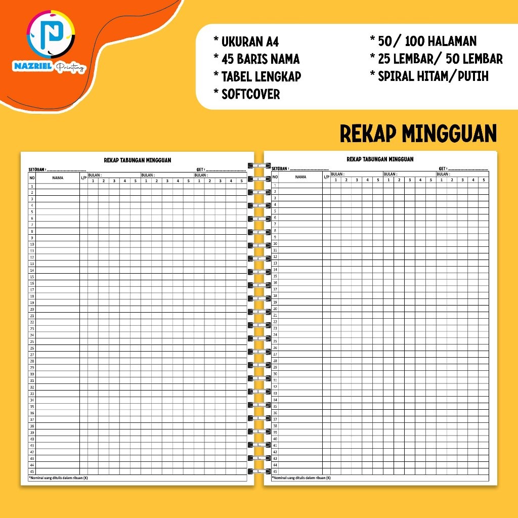 

(NON CUSTOM) BUKU REKAP TABUNGAN SEKOLAH HARIAN A4/B5/A5 JILID SPIRAL